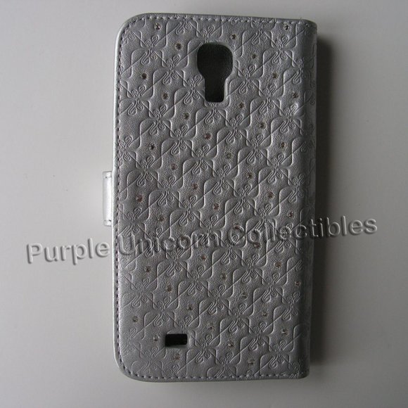 Samsung Galaxy S4 Swarovski Swanflower Grey Silver Leather Bookcase Phone Case - Picture 3 of 4